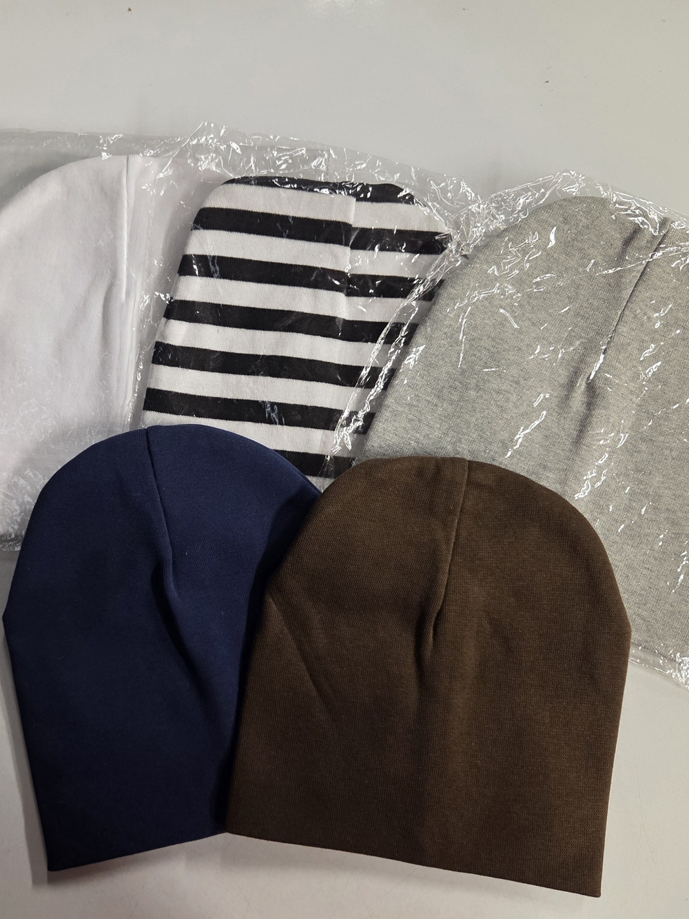 Set of 5 Knit Beanie Hats - Navy, Brown, Gray, White & Black-White Stripe